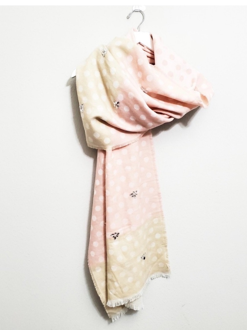 Betsey Johnson Pink and Cream Polka Dot Embellished Scarf free makeup bag